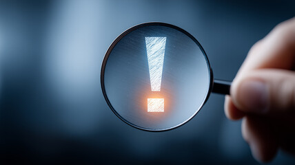 A magnifying glass showing an exclamation mark to illustrate examination awareness and the identification of important alerts.
