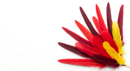 Red and yellow feathers on white background