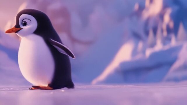 A charming animated penguin waddles across a snowy landscape. Soft pastel colors illuminate the arctic scene.