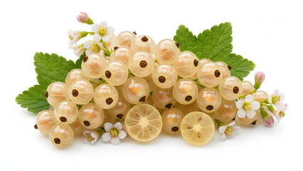 Freshly picked cluster of white currant berries adorned with leaves and delicate blossoms