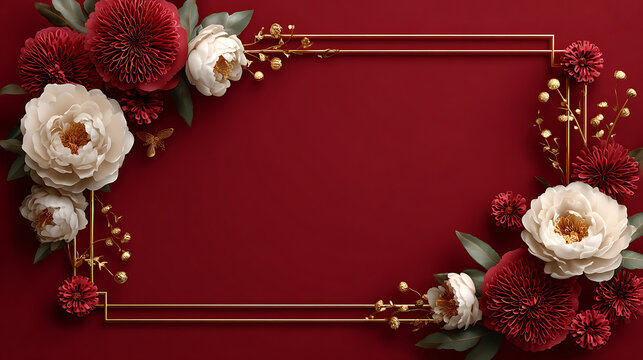 Luxury chinese background festive oriental background floral border red peony chrysanthemum bloom elegant frame design for celebration card invitation or poster