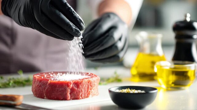 Chef in black gloves seasons a fresh cut of beef with salt, showcasing culinary skills, camera zooms in on the seasoning process, enhancing visual detail