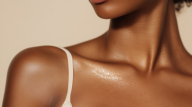 Close-up shot of a woman's neck and shoulder with tanned skin. The skin is shiny and moist and she's wearing a white strap. Beige background and neutral lip color.