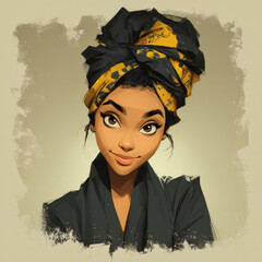 Cute cartoon illustration of African American woman in headwrap for Black History Month