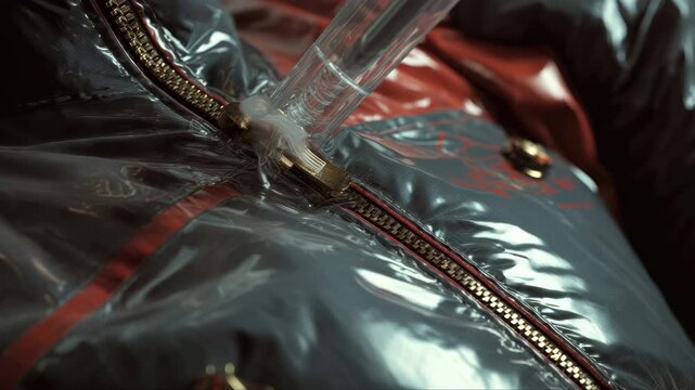 Close-up view of a glossy jacket zipper being manipulated, showcasing intricate details and textures, with a gradual zoom in on the fastening mechanism and fabric