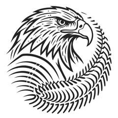 Obraz premium Stylized black and white illustration of an eagle's head within a circular frame of feathers bird profile