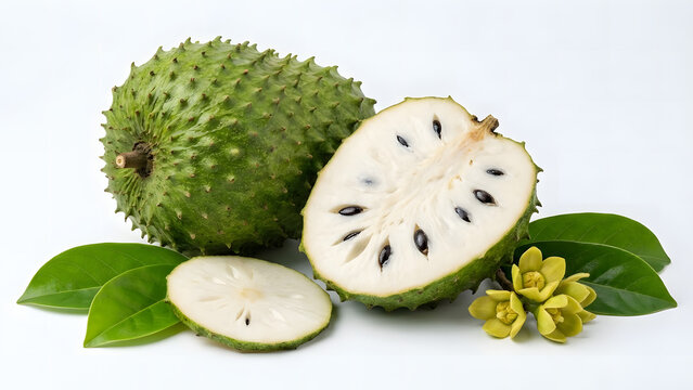 Fresh soursop fruit: a whole graviola, halved section, and delicate flowers on white background