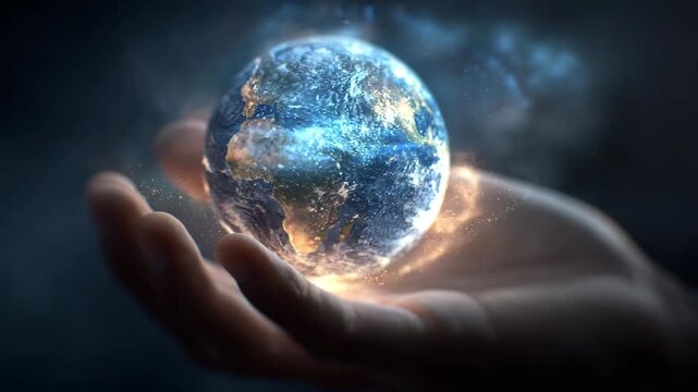 Glowing planet Earth floating above human hand representing global technology and future concept