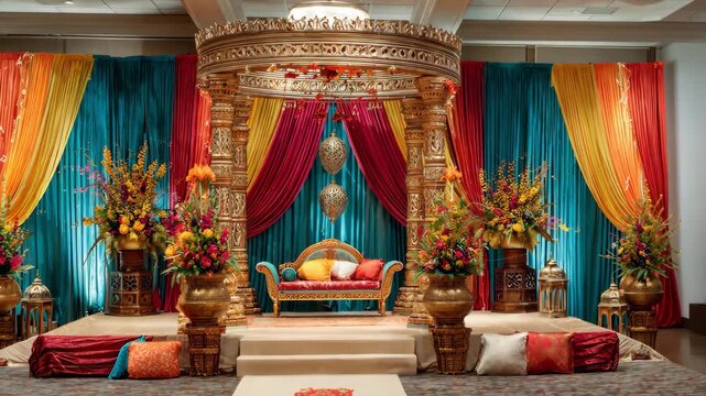 Opulent indian wedding stage with vibrant drapes, golden mandap, and colorful floral decor