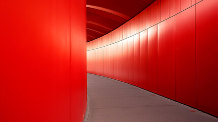Immersive, curved corridor saturated in bold red. The design creates a striking, dynamic space, guiding the eye along a clean, modern architectural form and pathway.
