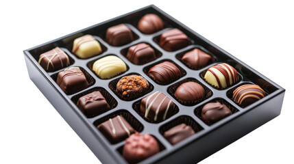 A box of assorted chocolates with a white background