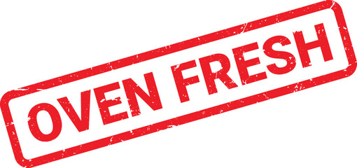 Distressed Red Rectangular Stamp with Rounded Corners Displaying the Text Oven Fresh On White