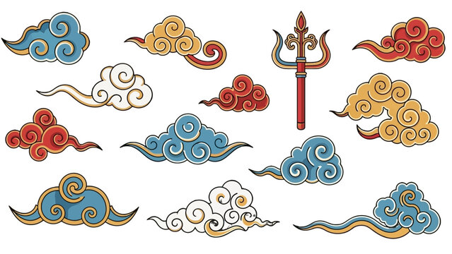 Collection of Traditional Chinese Auspicious Clouds and Trident in Various Colors, Asian Decorative Elements Set on Isolated White Background.