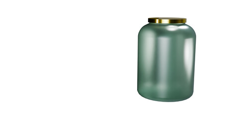 Glass large jar with a metal glowing golden lid in a transparent background