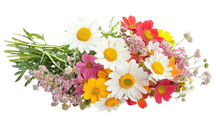 A bouquet of flowers with a variety of colors including pink, white, and yellow