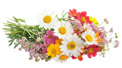 A bouquet of flowers with a variety of colors including pink, white, and yellow