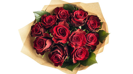 A bouquet of red roses is arranged in a brown paper