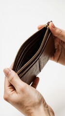 Hands holding an empty wallet against white background