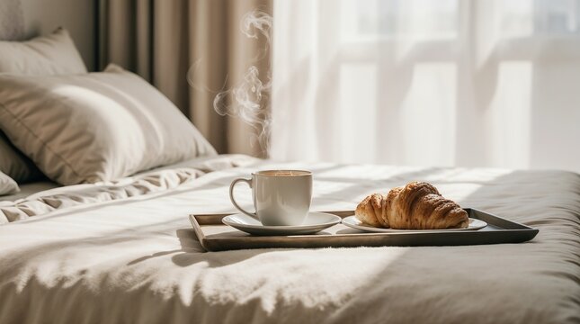 Coffee and croissant breakfast on bed in cozy bedroom