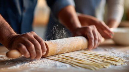 Close-up of hands rolling dough with a wooden rolling pin on a floured surface preparing fresh pasta strips