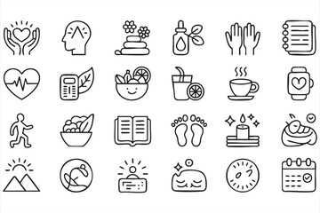 Health and Self Care Icons Illustration for Fitness Apps, Wellness Dashboards