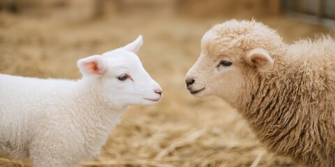 Obraz premium Two baby sheep are standing next to each other