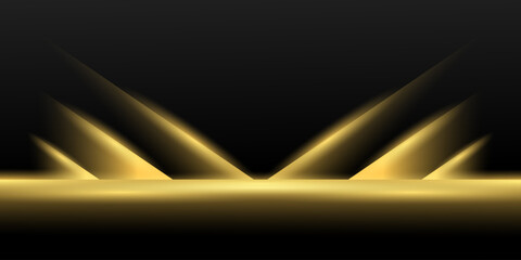 Luxury black stage background with golden spotlights for luxury product display, premium award ceremony backdrop, and elegant cinematic presentation design