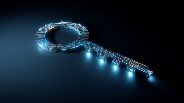 A digital key made of glowing points symbolizing secure access, encrypted authorization and technological protection.
