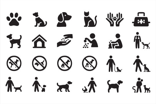 Dog Policy and Pet Control Icons for Municipal Signs, Service Guides