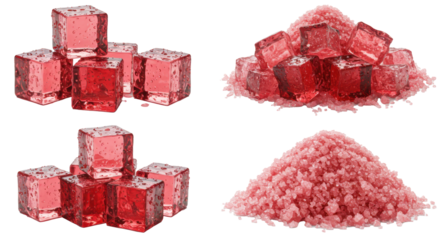 Four distinct, intensely vibrant ruby-red sculpted ice piles (cubes and crushed) in macro detail, dramatically side-lit on a transparent copy space background. Concept for commercial refreshment
