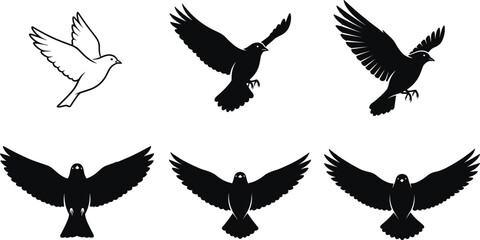 Obraz premium Flying bird silhouette icon set featuring doves and birds in flight for freedom, peace, nature, and wildlife design