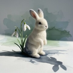 Felted white rabbit and delicate snowdrops on serene watercolor background with space for text