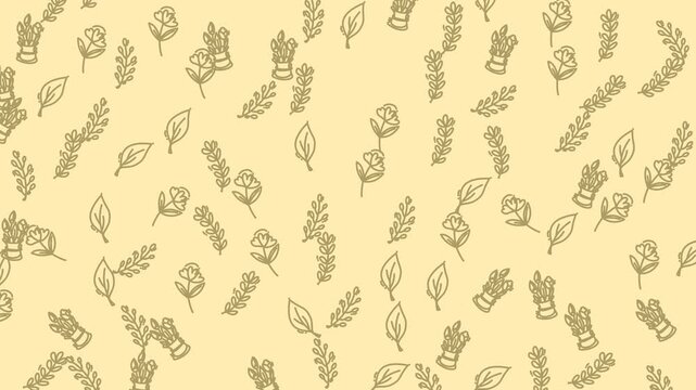 Repeating pattern with leaves, flowers, and wheat illustrations for naturethemed designs, textiles, wallpaper, packaging, or stationery products.