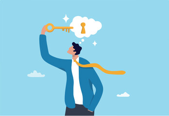 Unlock potential, discover key to solution solving problem, open mindset for new opportunity, think to develop idea, achievement or freedom concept, businessman put key to keyhole in thought bubble.