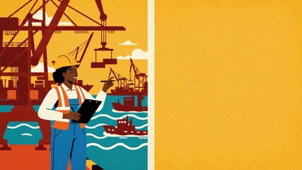 African american woman port worker manages cargo with clipboard, shows progress of industrial shipping operations