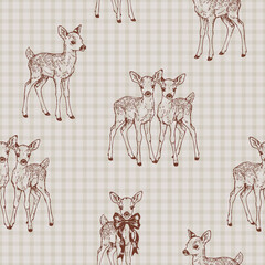Baby Deer Beige Gingham Seamless Pattern