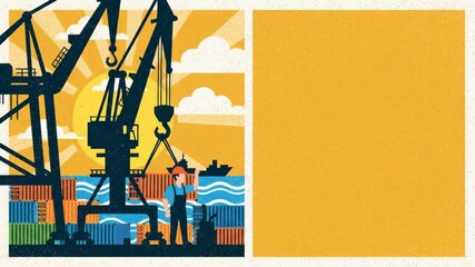 Port worker loading cargo containers using a crane on a sunny day. Retro vector style for career day.