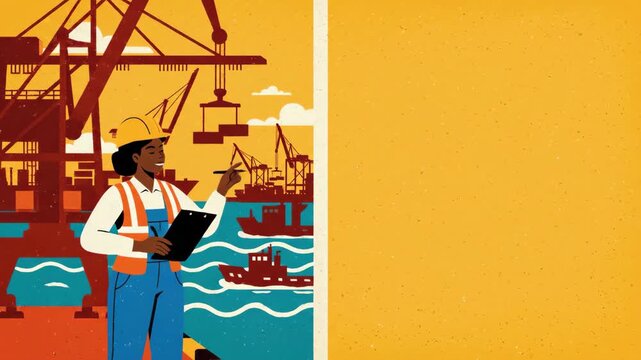 African american woman port worker manages cargo with clipboard, shows progress of industrial shipping operations