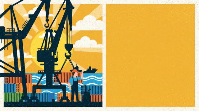 Port worker loading cargo containers using a crane on a sunny day. Retro vector style for career day.