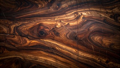 Polished Dark Wood Surface with Swirling Grain and Central Knot for Texture Design and Natural Aesthetic Inspiration