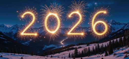 2026 fireworks illuminate a snowy mountain range at night, symbolizing a festive new year celebration and a bright future. A winding road glows in the valley below.