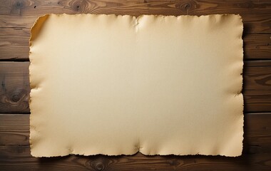 An aged, blank parchment paper with torn edges rests on a rustic dark wooden table, providing ample copy space for text, messages, or vintage design elements.