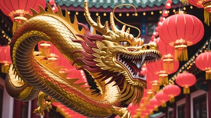 A golden dragon sculpture intertwined amidst a backdrop of vibrant red lanterns.