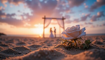 Romantic beach wedding at sunset. A white rose in the foreground frames a silhouetted couple under a wedding arch by the ocean, symbolizing love, celebration, and special moments.