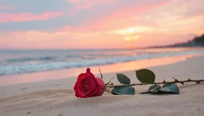 Red rose rests on a sandy beach at sunset. Romantic evening scene with ocean waves and vibrant sky. Perfect for love, travel, and tranquility themes.