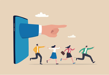 Thought leadership, influencer or key opinion leader, KOL, social marketing for advertising campaign lead or influence by expert person concept, hand pointing from mobile with people follow the way.