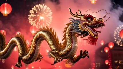 A golden dragon amidst the festive glow of lanterns and fireworks.