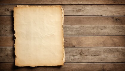 Stack of old, blank, crumpled parchment paper with torn edges rests on a rustic wooden plank background, offering ample copy space for vintage designs or historical messages.