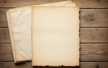 Stack of old, blank, textured vintage papers with worn edges, providing ample copy space, resting on a rustic wooden table featuring prominent wood grain and knots, viewed from above.
