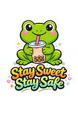 Obraz premium Cute Frog Drinking Bubble Tea with Stay Sweet Stay Safe Text, Cartoon Vector Illustration